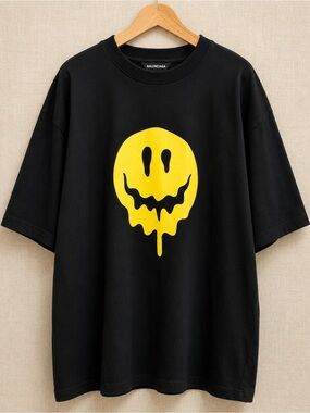 BALENCIAGA Melting Smiley Graphic Black Oversized Cotton T-Shirt S